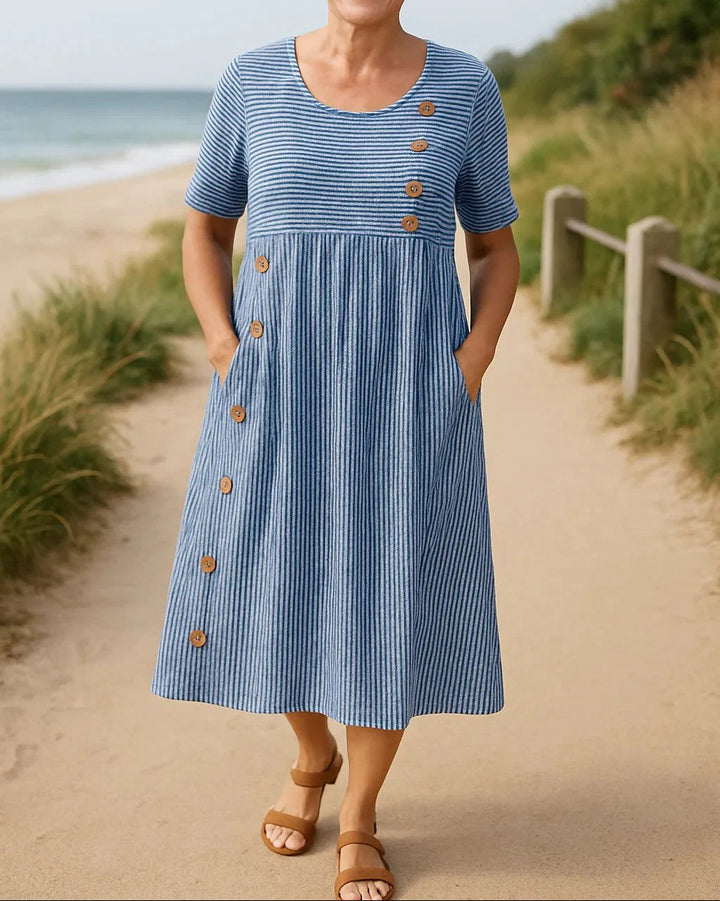 Marianne™ – Pustende Stripete A-Linje Midi Kjole