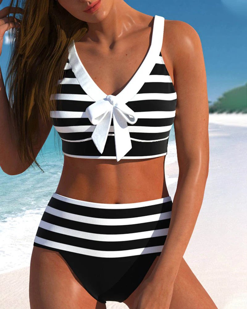Irene™ – Stripete Høy Midje Bikini Sett med Sløyfedetalj