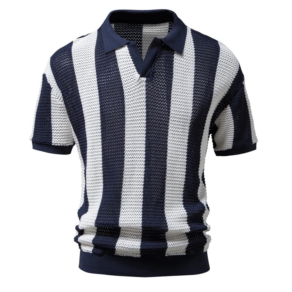 Marius™ – Stripete Strikket Poloskjorte med Korte Ermer