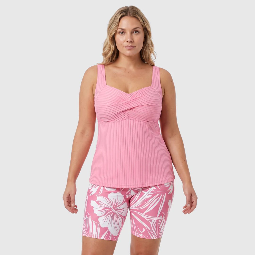 Lieke™ – Ribbet Tankini & Shorts med Blomsterprint Sett