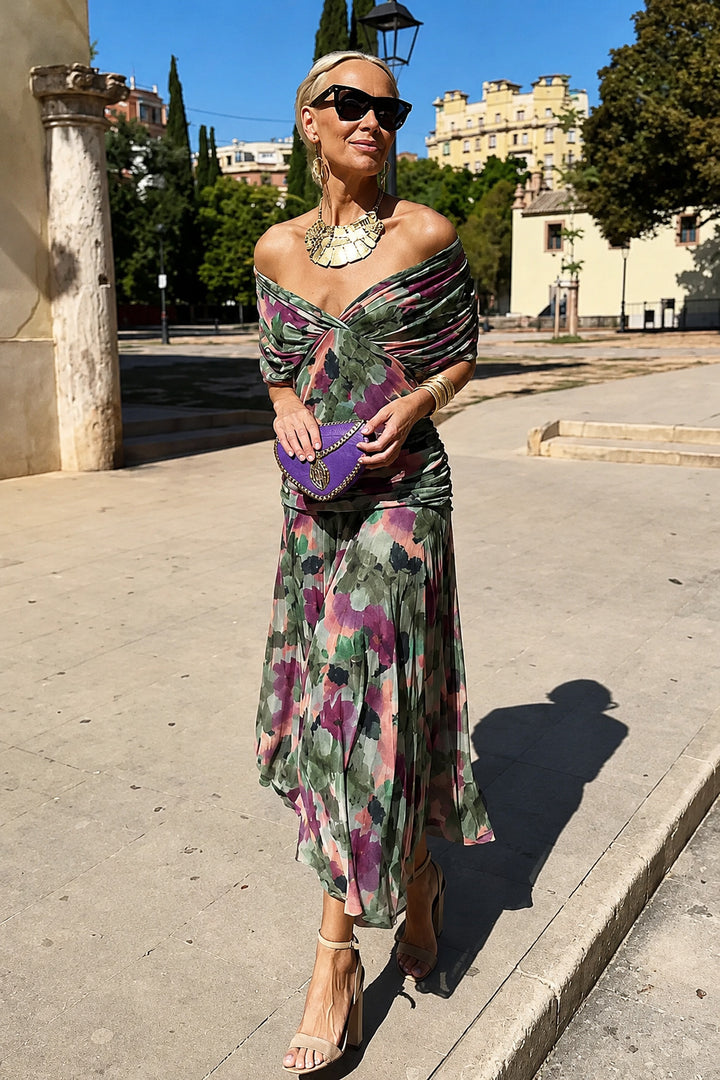 Hedda™ – Blomstrete Off-Shoulder Plisse Maxi Kjole