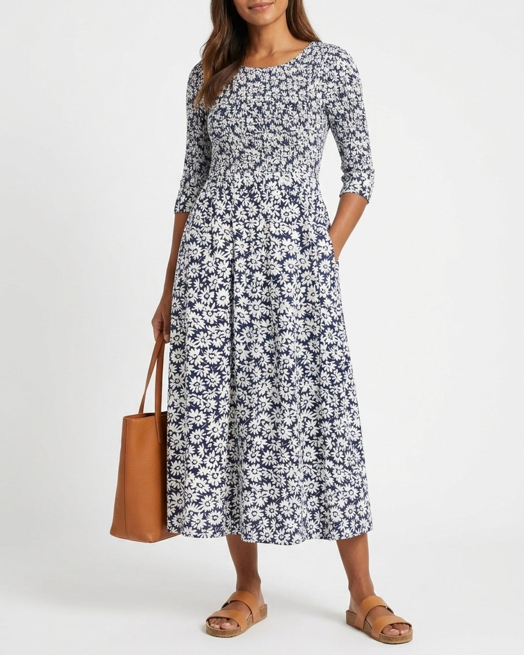 Naomi™ – Blomstertrykt midi-kjole med lommer