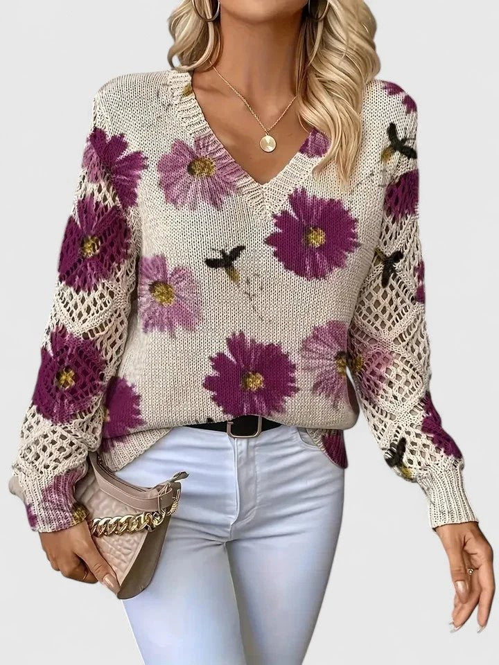 Anna™ – Blomstrete V-hals Strikkegenser