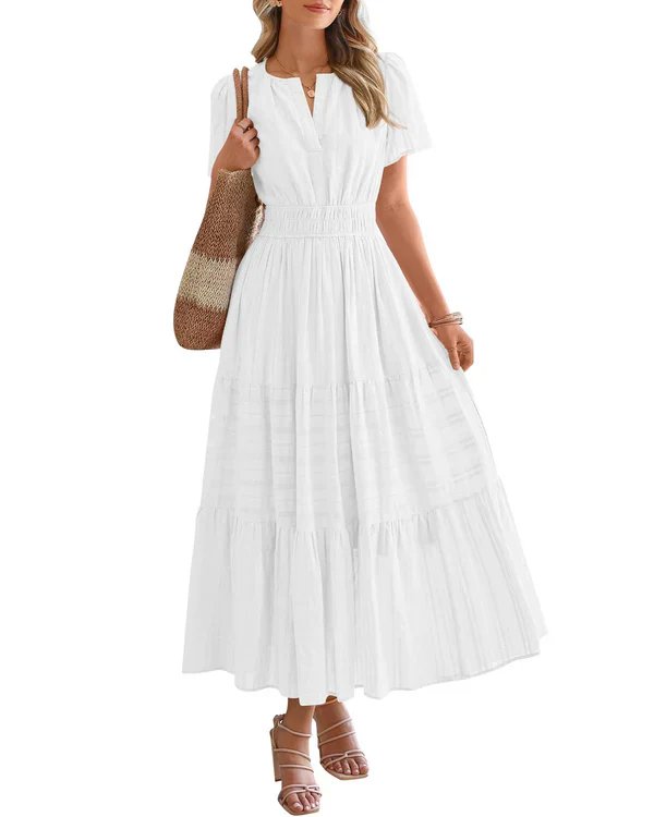 Emilie™ – V-hals Smocked Midje Lagdelt Maksikjole