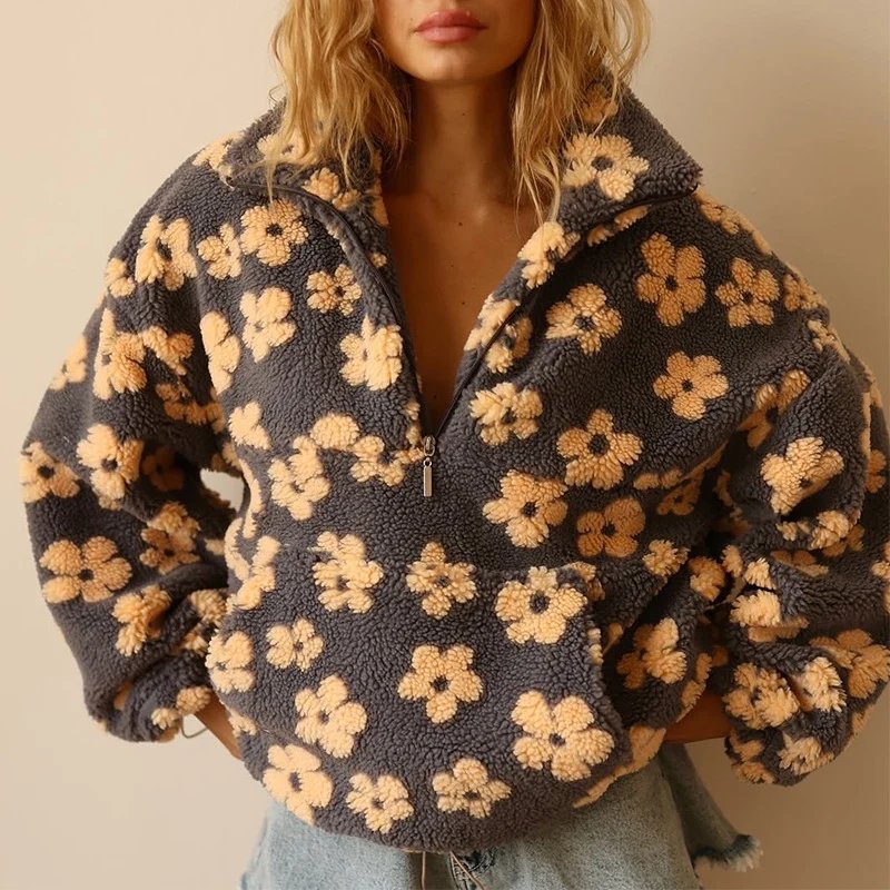 Flora™ – Blomstrete Sherpa Halv-Glidelås Pullover Fleece