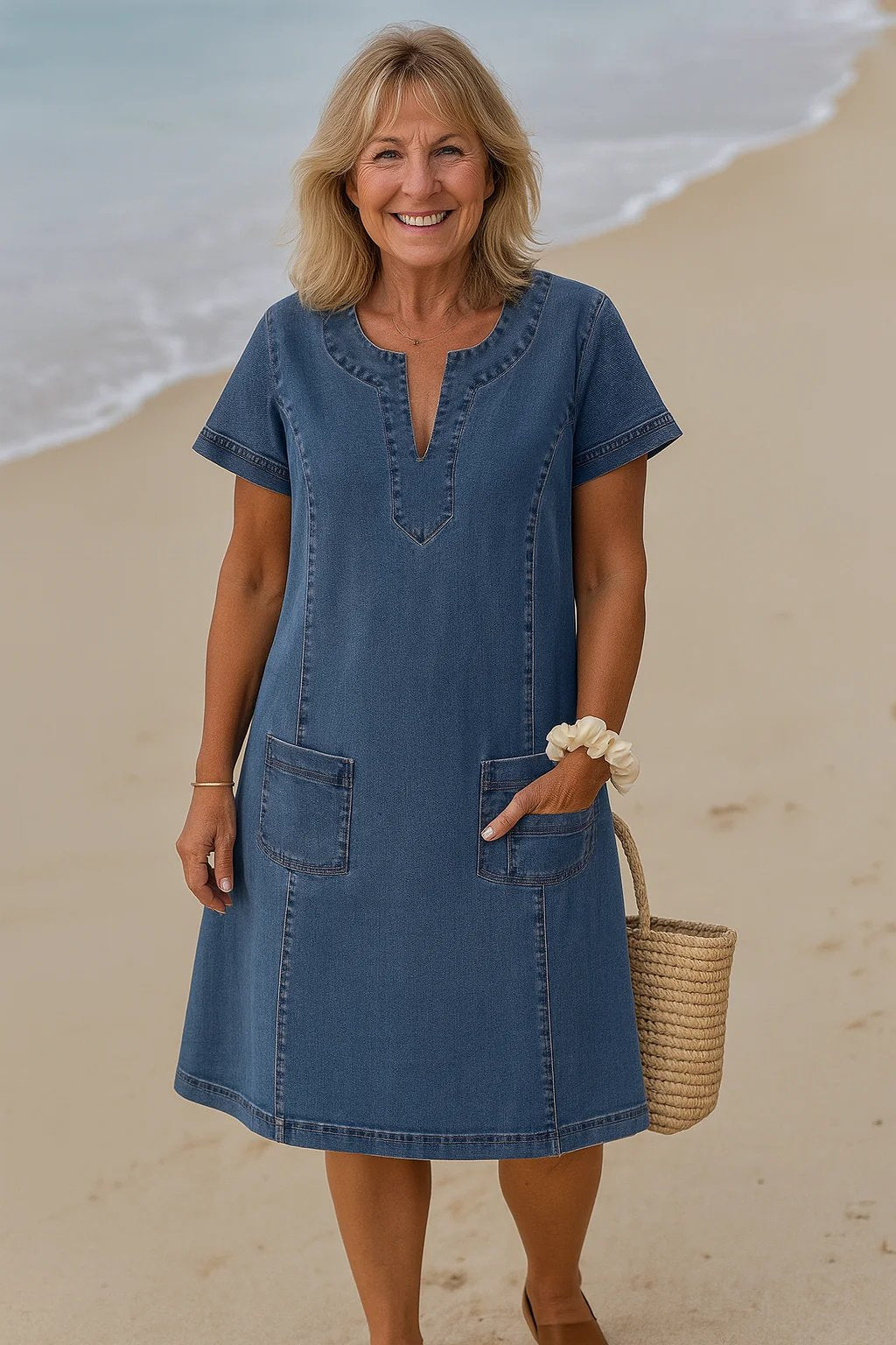 Dina™ – V-Utringet Kortsleev Pocket Shift Kjole