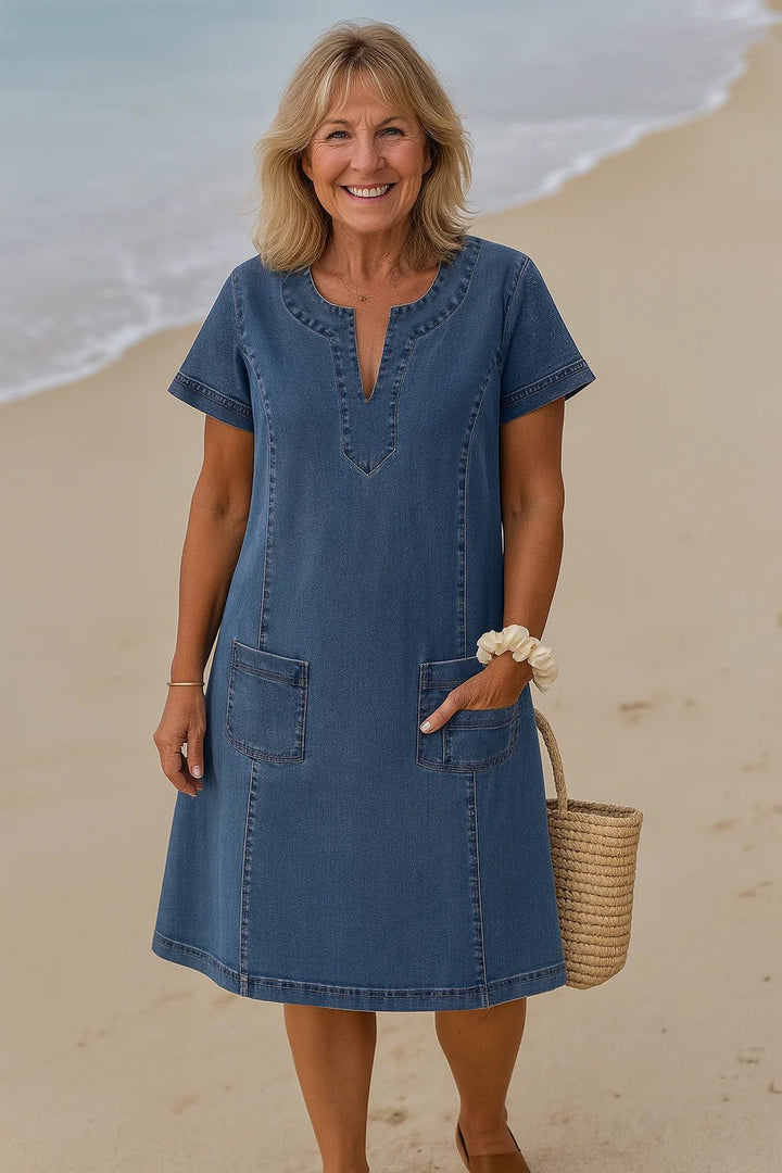 Dina™ – V-Utringet Kortsleev Pocket Shift Kjole