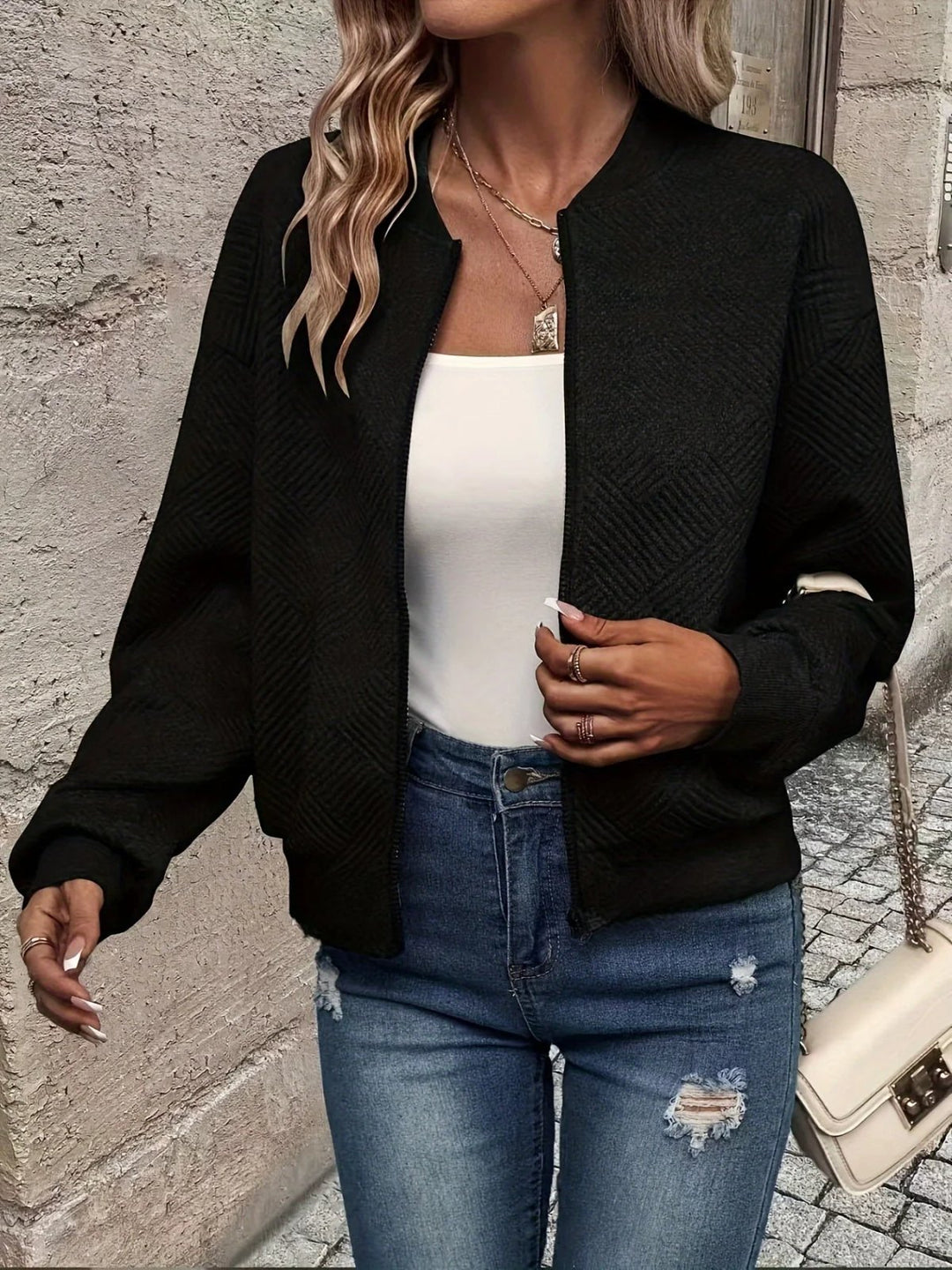 Laura™ – Teksturert Zip-Up Bomberjakke