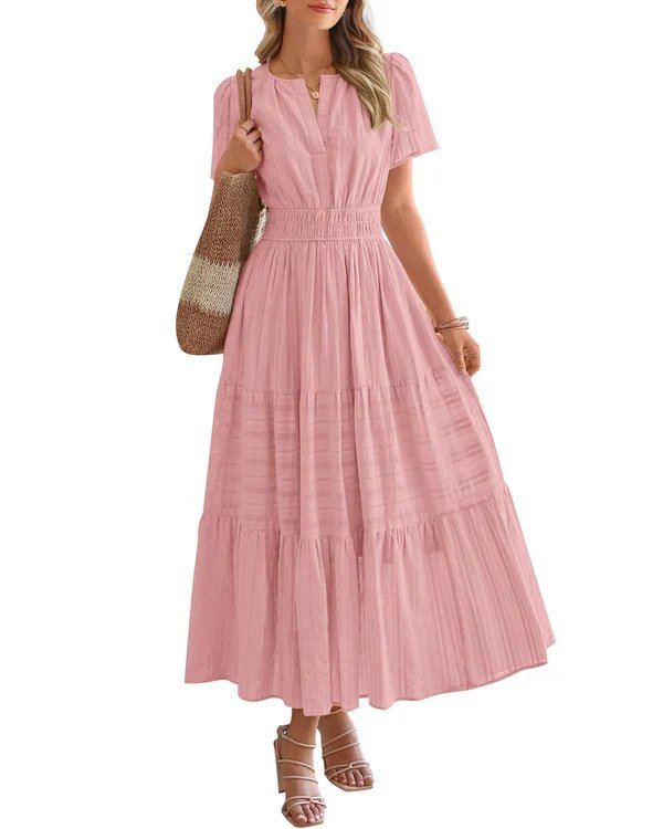 Emilie™ – V-hals Smocked Midje Lagdelt Maksikjole