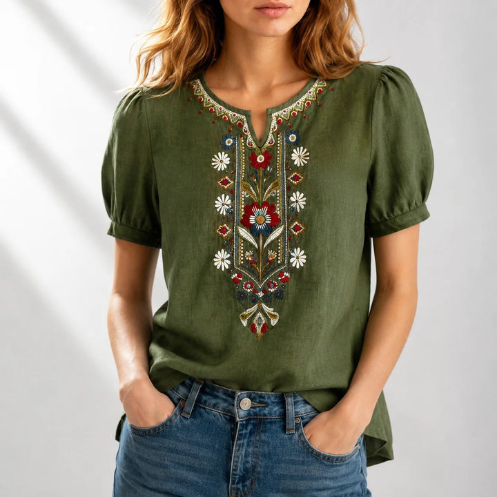 Karla™ – Bluse med blomsterbroderi og puffermærker