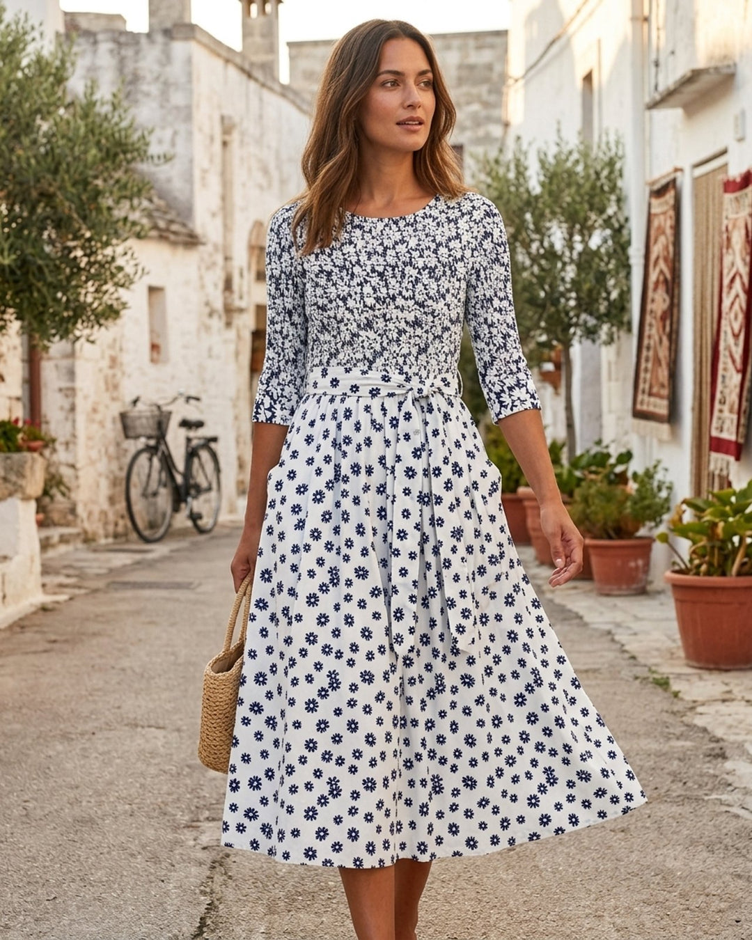 Naomi™ – Blomstertrykt midi-kjole med lommer