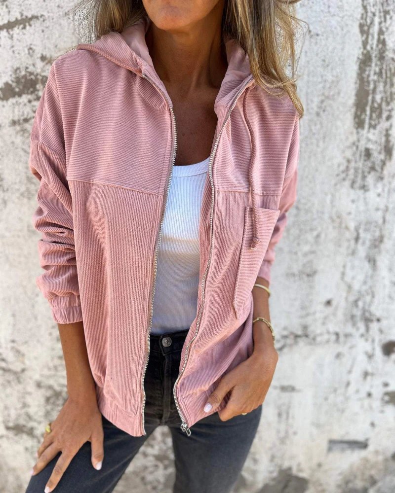 Sofie™ – Retro Cordfløyel Hettejakke med Glidelås