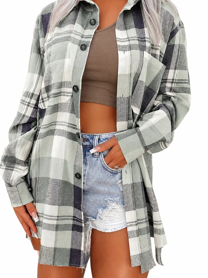 Karoline™ – Oversized rutete skjorte med knapper foran