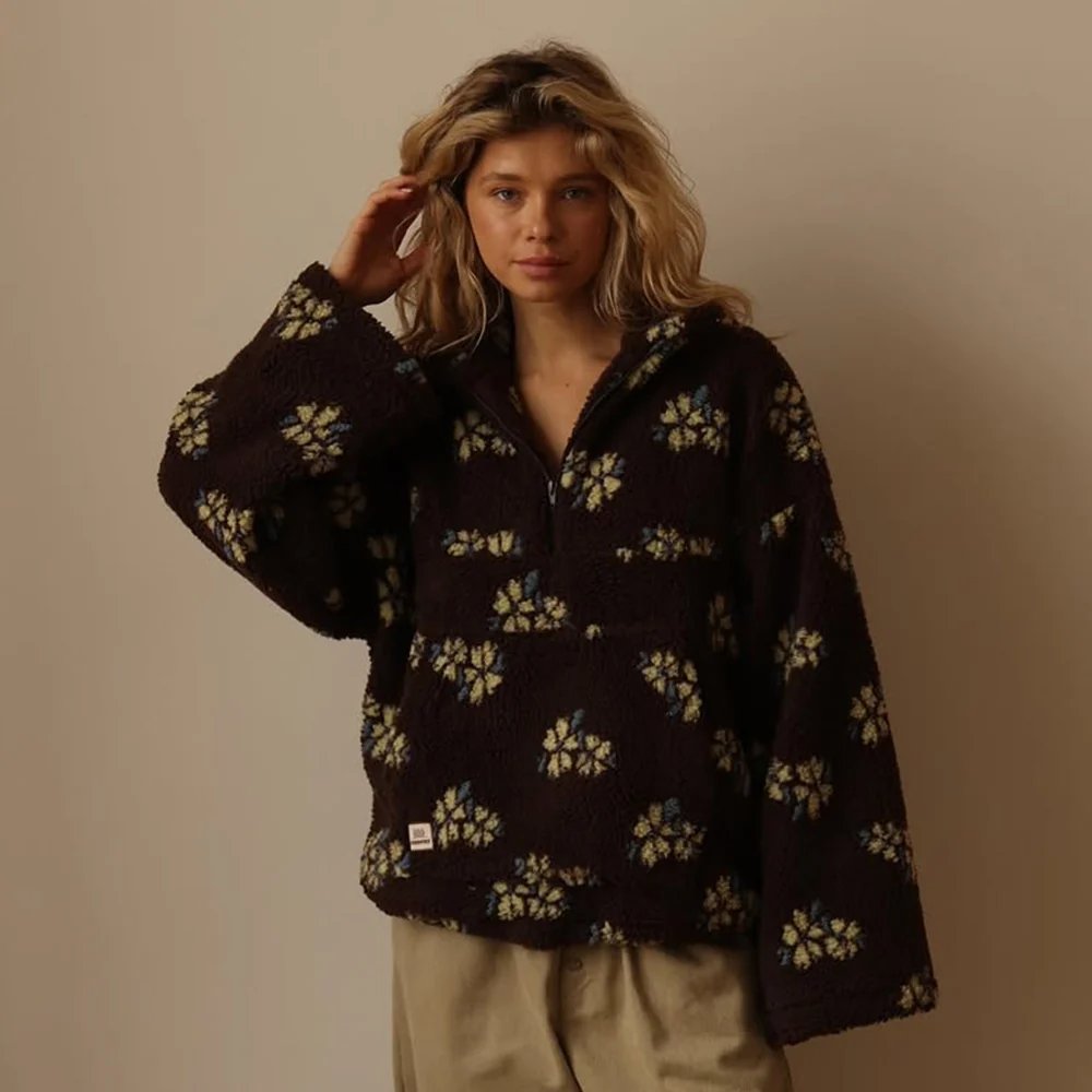 Flora™ – Blomstrete Sherpa Halv-Glidelås Pullover Fleece