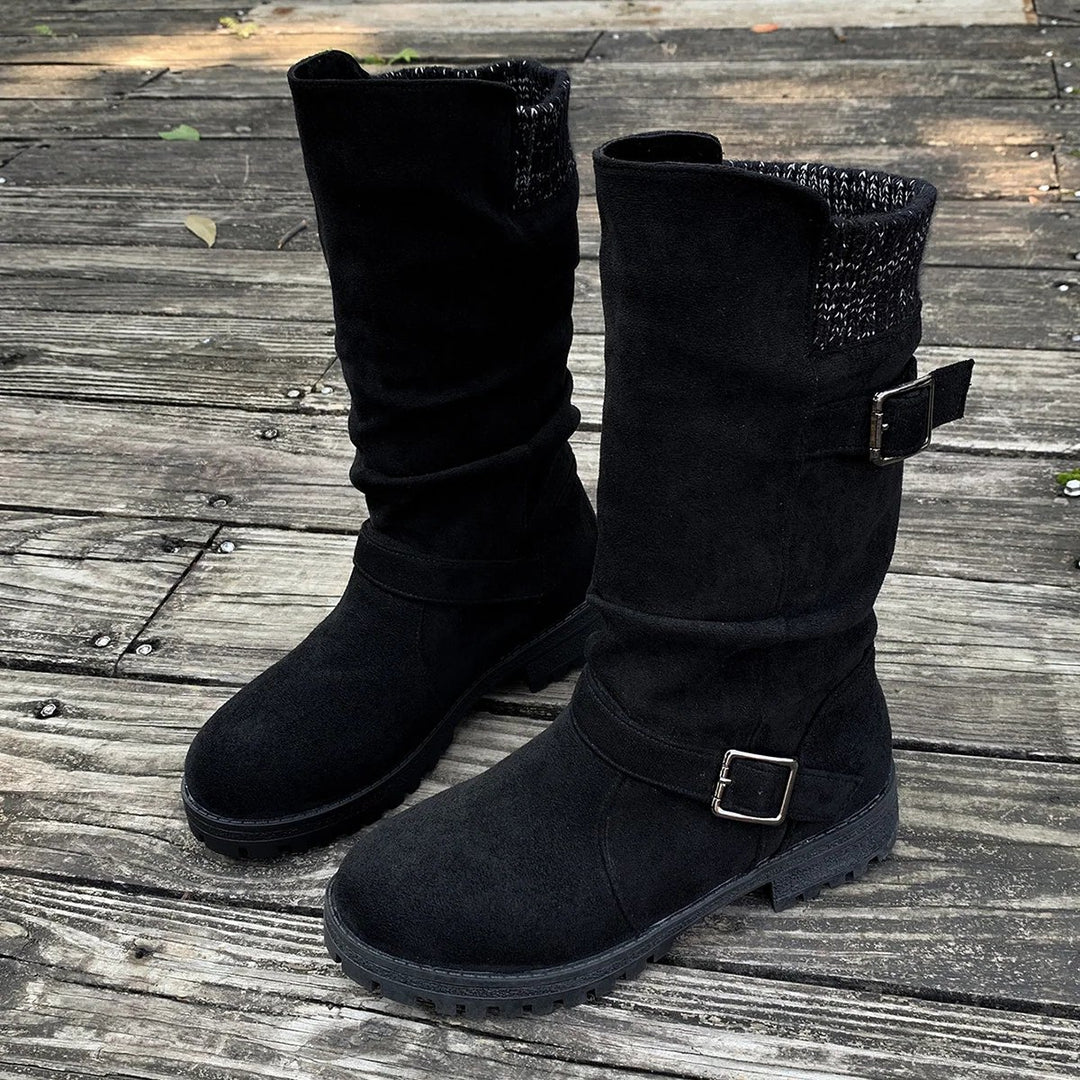 Laila™ – Buckled Mid-Calf Strikkede Mansjettstøvler
