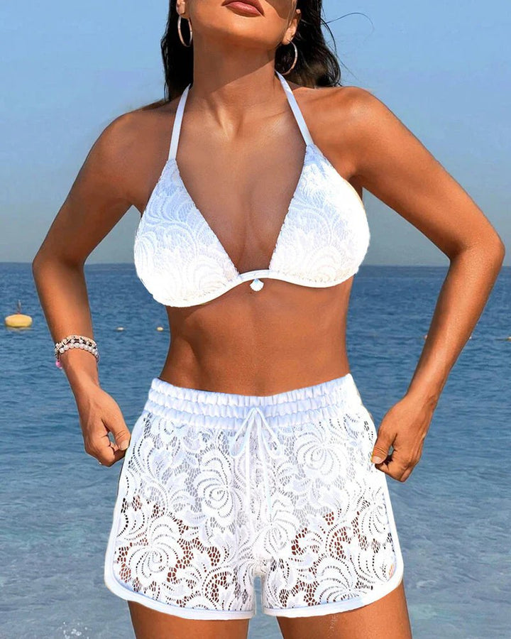 Helen™ – Blonde Triangle Bikini Sett med Matchende Shorts