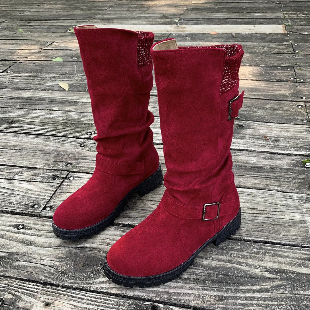 Laila™ – Buckled Mid-Calf Strikkede Mansjettstøvler