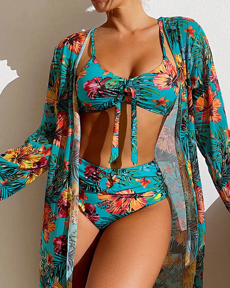 Runa™ – Blomstertrykk Bikini Sett med Cover-Up