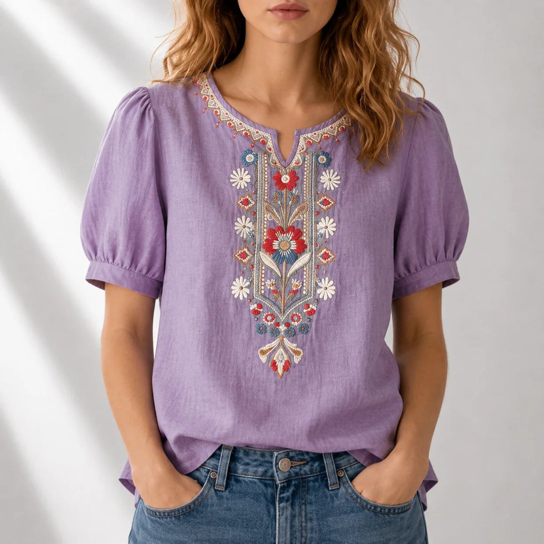 Karla™ – Bluse med blomsterbroderi og puffermærker