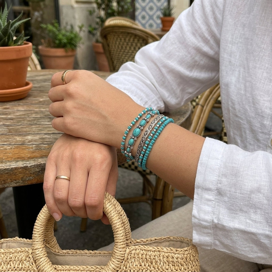 Esme™ – Boho Turkis Perle Stable Armbåndsett