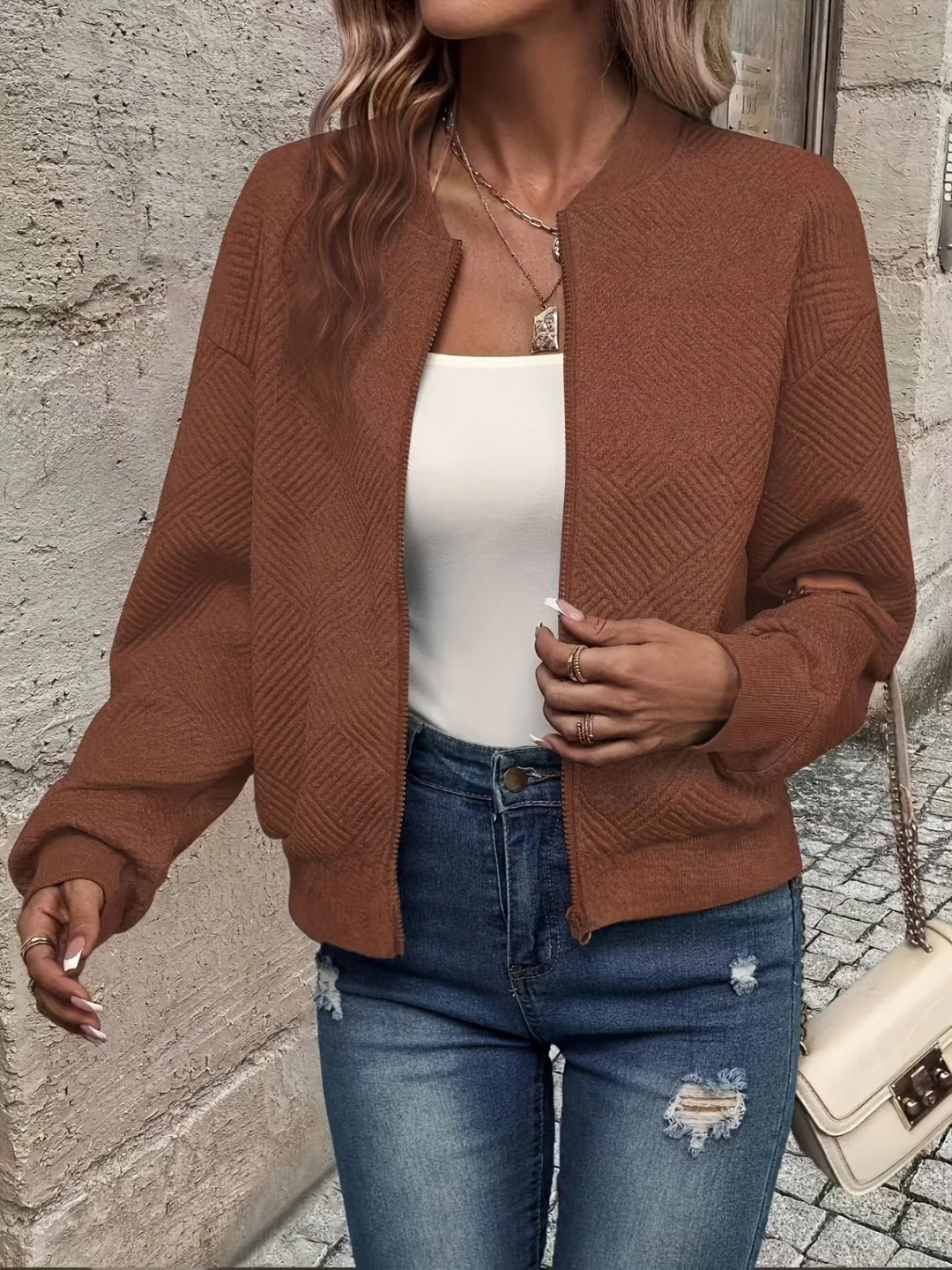 Laura™ – Teksturert Zip-Up Bomberjakke
