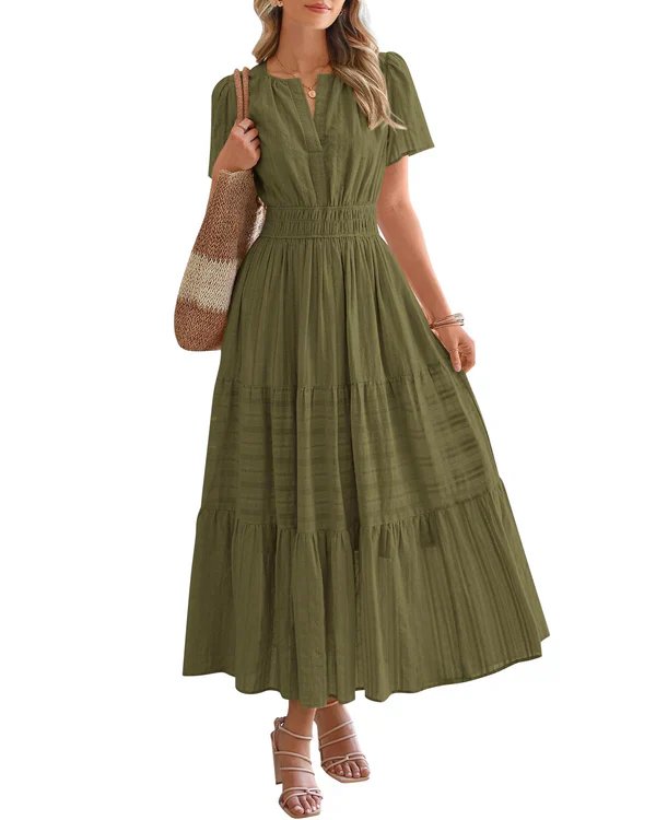 Emilie™ – V-hals Smocked Midje Lagdelt Maksikjole