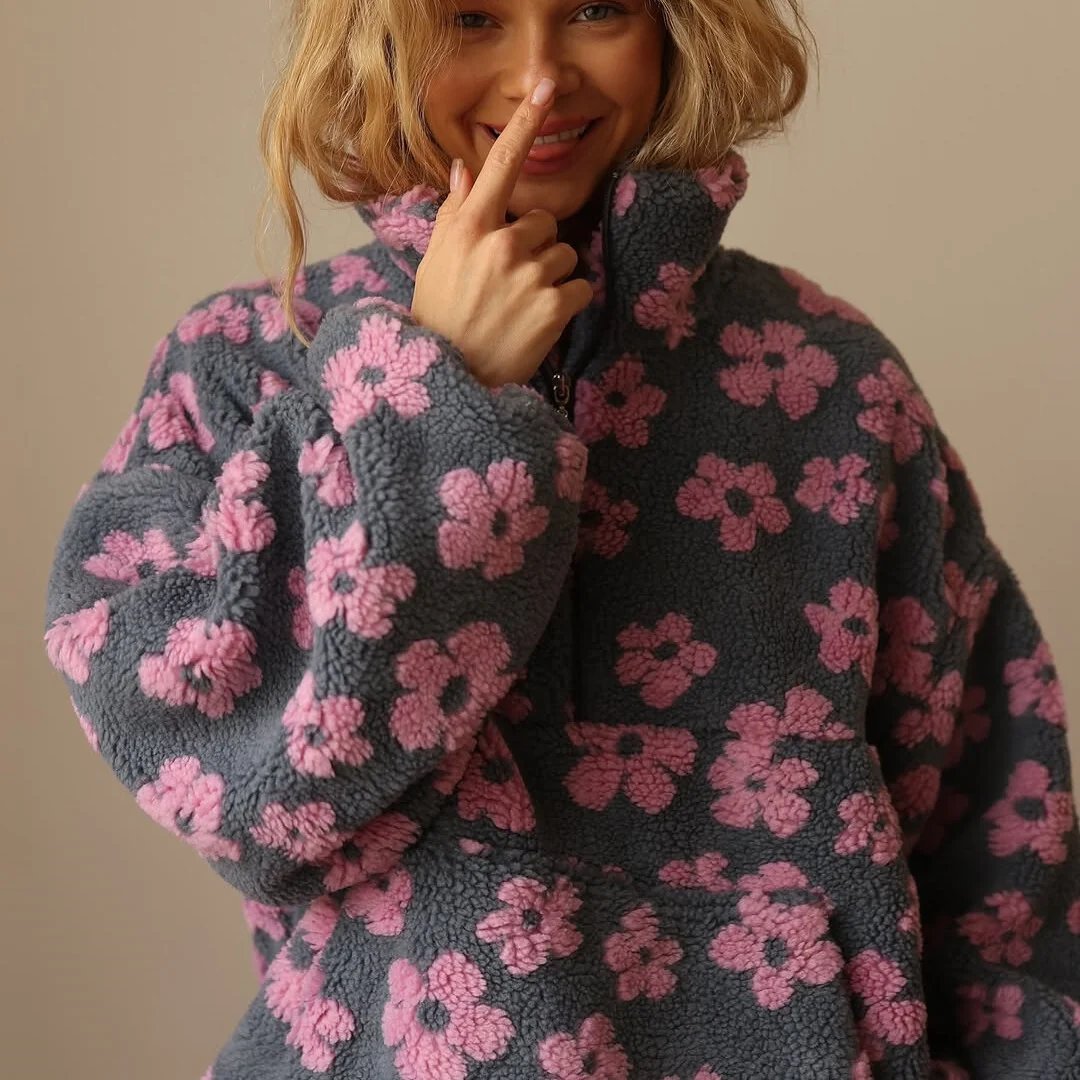Flora™ – Blomstrete Sherpa Halv-Glidelås Pullover Fleece