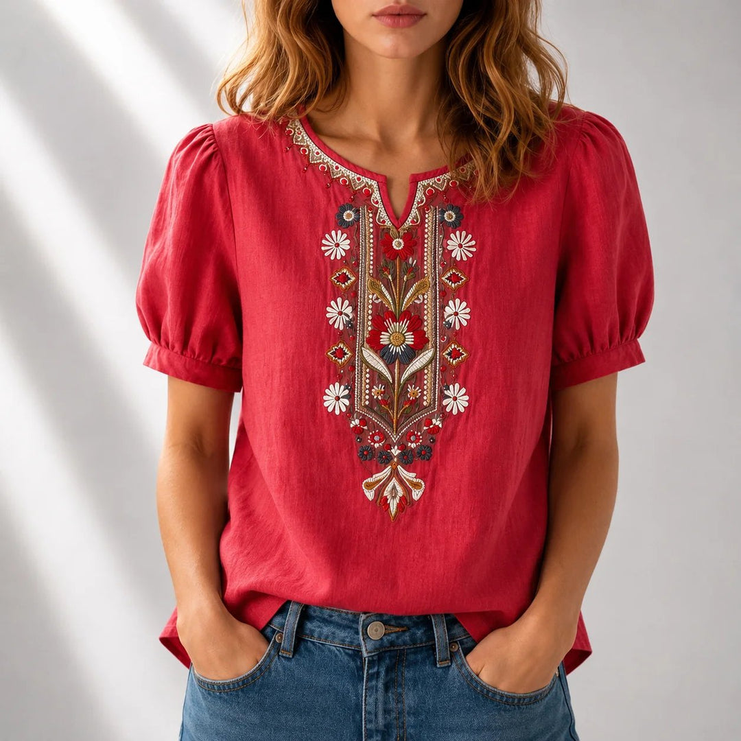 Karla™ – Bluse med blomsterbroderi og puffermærker