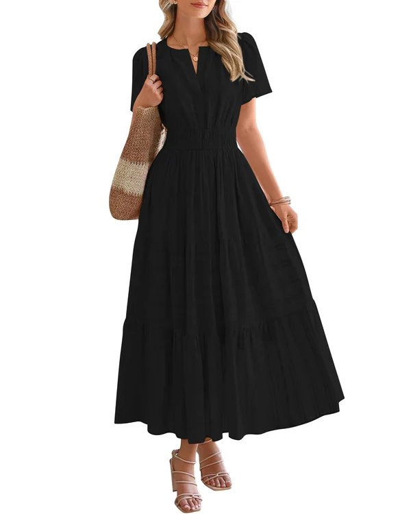 Emilie™ – V-hals Smocked Midje Lagdelt Maksikjole