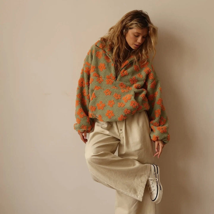 Flora™ – Blomstrete Sherpa Halv-Glidelås Pullover Fleece