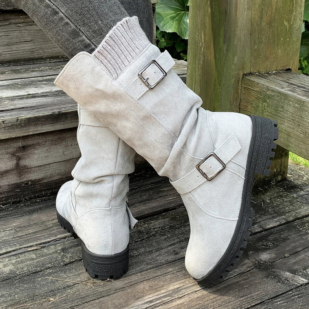 Laila™ – Buckled Mid-Calf Strikkede Mansjettstøvler