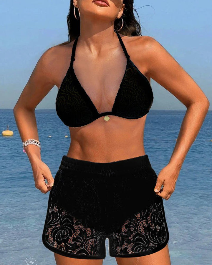 Helen™ – Blonde Triangle Bikini Sett med Matchende Shorts