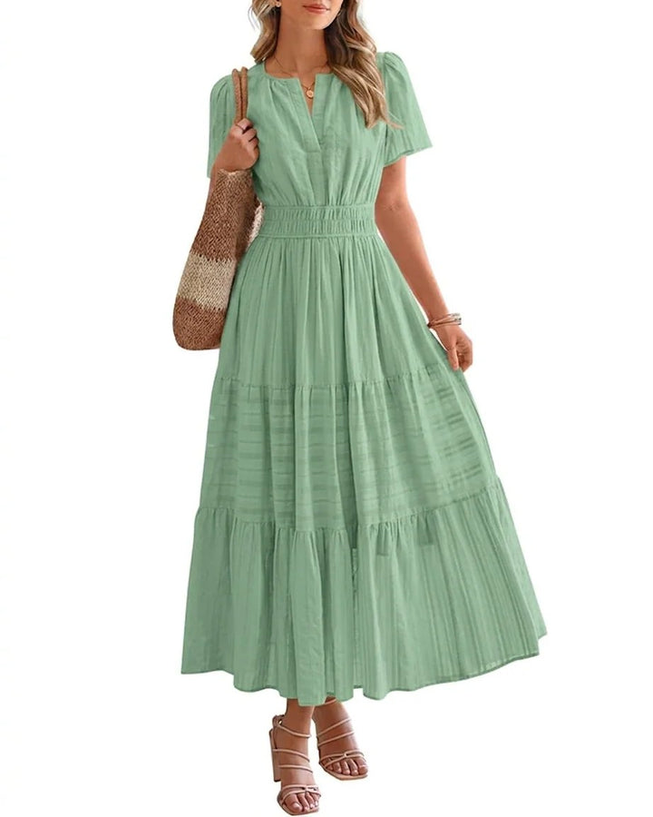 Emilie™ – V-hals Smocked Midje Lagdelt Maksikjole